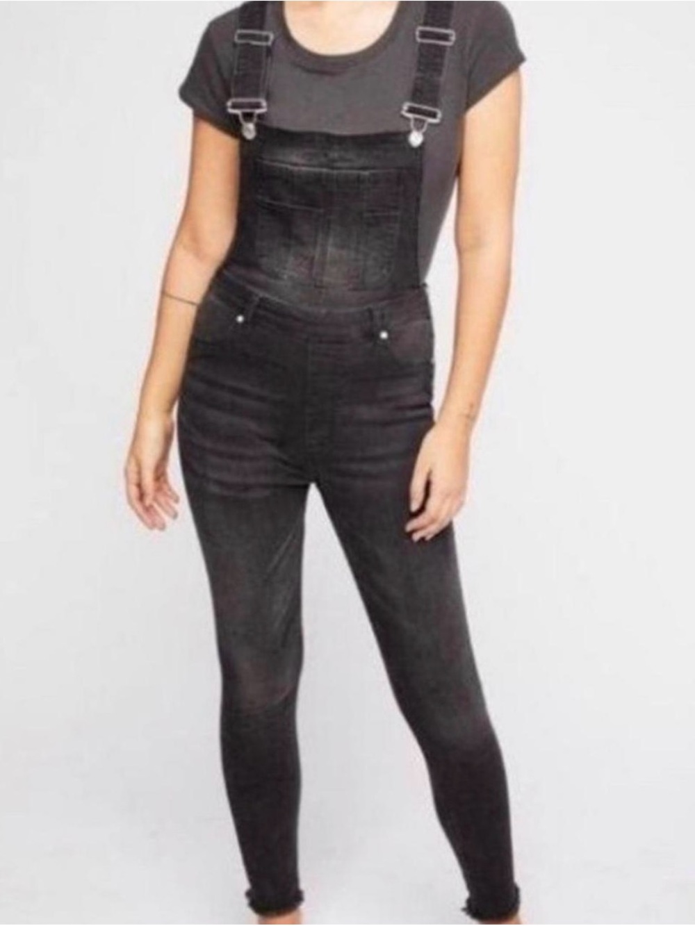 Free People Black Denim Skinny Overalls